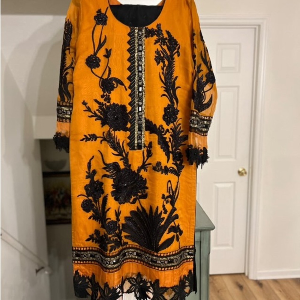 Black and Orange Floral Pakistani Dress